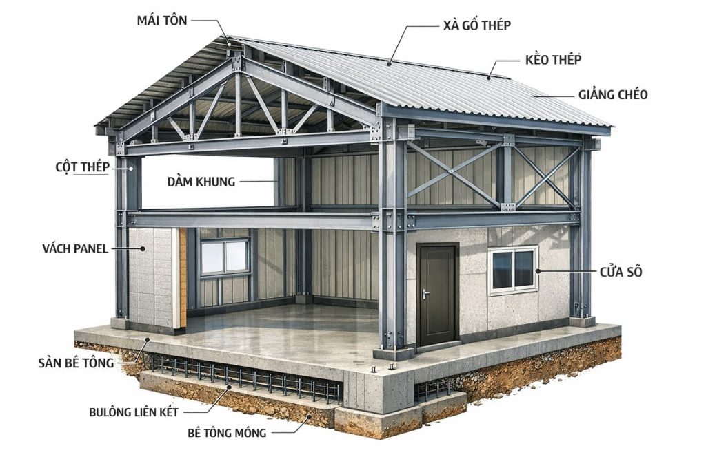 Ưu điểm và nhược điểm của nhà thép lắp ghép 2 Kết cấu của nhà thép lắp ghép