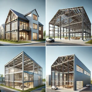 DALL·E 2024 11 11 10.24.39 Four images of steel frame buildings showcasing modern and industrial style steel structures. Each building should display different types of steel f