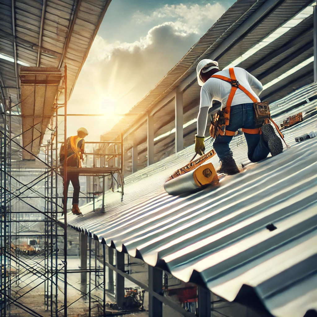 Thi công cải tạo nhà xưởng DALL·E 2024 11 19 13.09.38 A construction worker repairing the roof of an industrial warehouse with scaffolding and safety equipment. The scene features a partially renovated bu