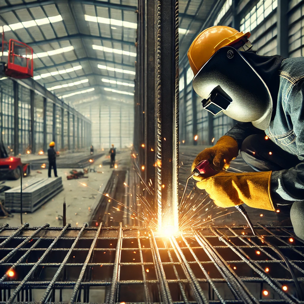 Thi công cải tạo nhà xưởng DALL·E 2024 11 19 13.09.45 A close up view of construction workers reinforcing steel structures of an industrial warehouse. The scene shows workers wearing safety helmets and gl