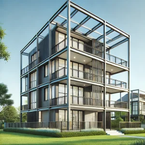 DALL·E 2024 11 22 13.25.32 A modern 3 story steel frame building designed for residential use showcasing a sleek exterior with large glass windows steel beams and a minimalis