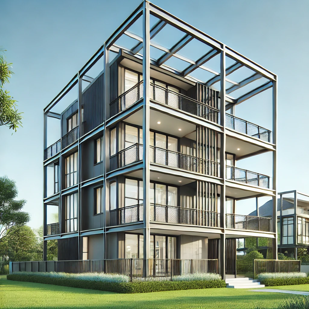 Chi phí xây nhà khung thép 3 tầng: giải pháp tối ưu cho công trình hiện đại 1 DALL·E 2024 11 22 13.25.32 A modern 3 story steel frame building designed for residential use showcasing a sleek exterior with large glass windows steel beams and a minimalis