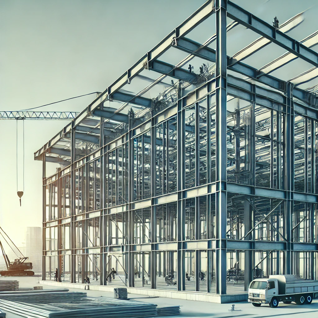 Xây dựng nhà khung thép, giải pháp tiên phong cho ngành xây dựng hiện đại DALL·E 2024 11 23 13.52.20 A modern steel frame building under construction showcasing a partially completed steel structure with beams and columns. The background includes a c