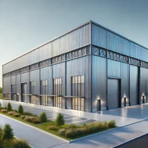DALL·E 2024 11 23 13.52.51 A large completed industrial steel frame warehouse with sleek metal walls a slanted roof and large entrance doors. The setting includes a paved dri