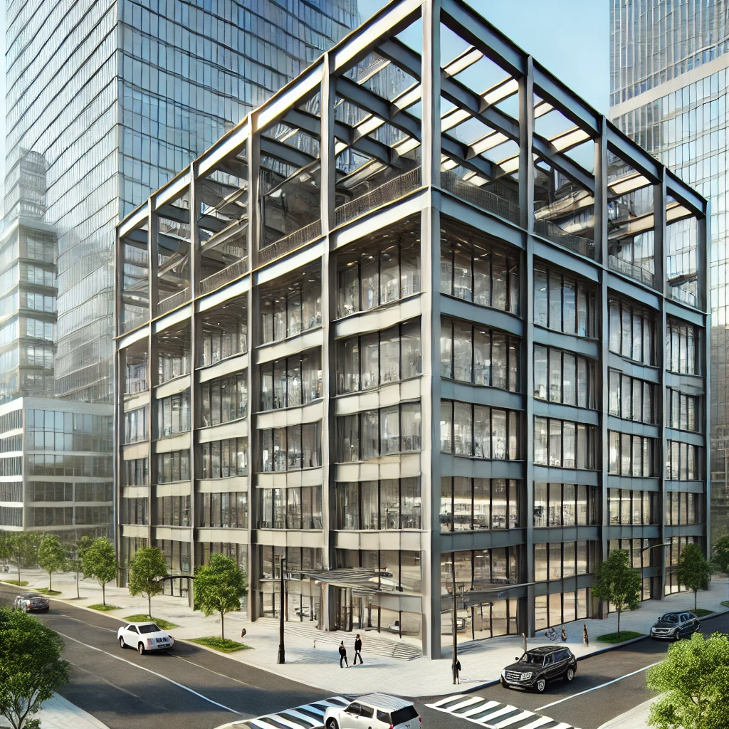 Xây dựng nhà khung thép, giải pháp tiên phong cho ngành xây dựng hiện đại DALL·E 2024 11 23 13.53.25 A contemporary steel frame office building with multiple floors featuring visible steel beams a glass facade and a modern architectural design. The
