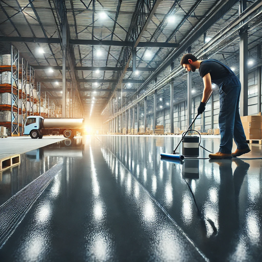 thi công sàn nhà xưởng DALL·E 2024 11 26 09.24.09 A construction worker applying epoxy coating on a warehouse floor. The floor is shiny and smooth with clear reflections and the worker is using prof