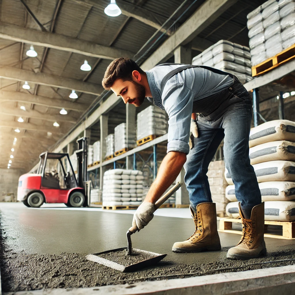thi công sàn nhà xưởng DALL·E 2024 11 26 09.24.18 A construction worker smoothing concrete on a warehouse floor during the initial stages of installation. The worker is using professional tools like a