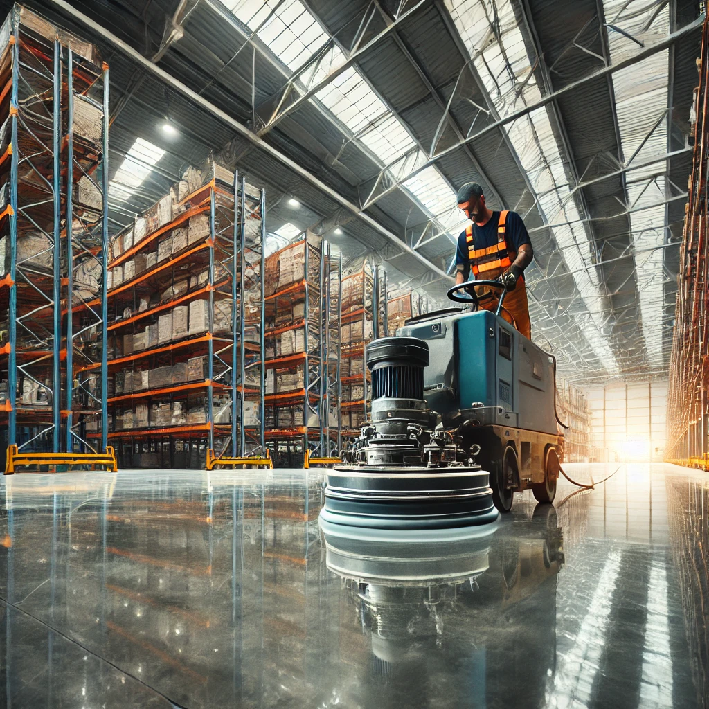 thi công sàn nhà xưởng DALL·E 2024 11 26 09.24.25 An industrial warehouse floor being polished with a heavy duty floor grinding machine. The machine operator is wearing safety gear and the floor show
