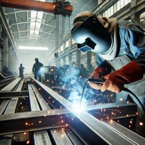DALL·E 2024 11 27 09.15.40 Close up of steel beams being welded together workers in protective gear operating welding machines sparks flying industrial workshop environment