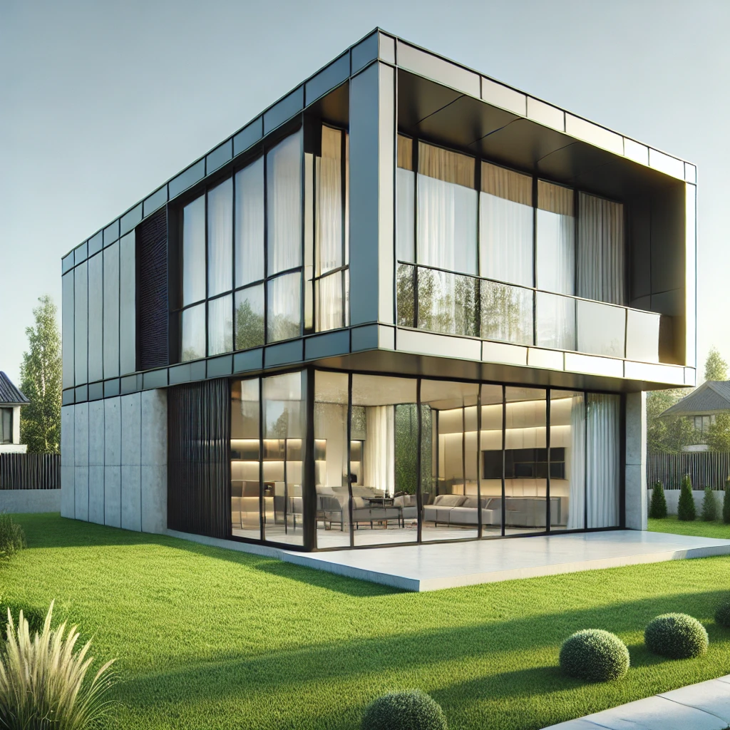 Làm nhà tiền chế: xu hướng xây dựng hiện đại và tiết kiệm chi phí DALL·E 2024 11 28 09.56.24 A modern prefabricated steel house with a sleek design featuring large glass windows and a flat roof. The house is surrounded by a green lawn and min