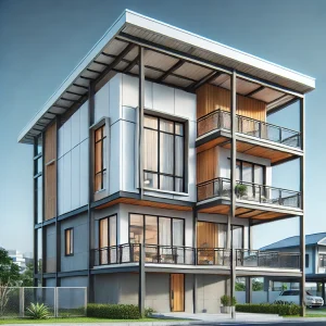 DALL·E 2024 11 28 09.56.26 A two story prefabricated house with a steel frame structure featuring a minimalist design. The house has a balcony on the second floor and large win