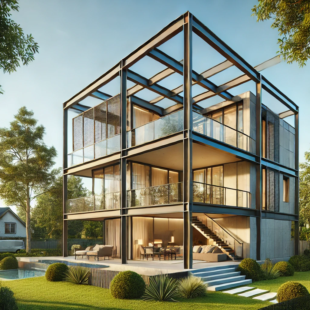 Những lưu ý quan trọng khi làm nhà kết cấu thép để đạt hiệu quả cao nhất DALL·E 2024 11 30 09.17.58 A modern residential house built with steel structure showcasing sleek steel beams large glass windows and a minimalist design. Surrounded by green