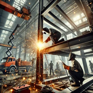 DALL·E 2024 11 30 09.18.07 Close up of a steel structure frame being welded showing sparks flying workers in safety gear and a background of construction equipment. Industria