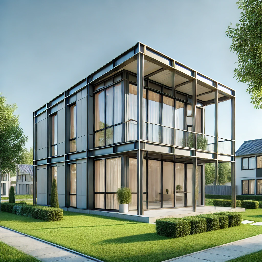 Làm nhà tiền chế: Giải pháp xây dựng bền vũng, hiệu quả và tiết kiệm DALL·E 2024 12 02 11.24.59 A real life modern prefabricated house in a suburban area. The house features a steel frame large glass windows and a flat roof. It is surrounded by