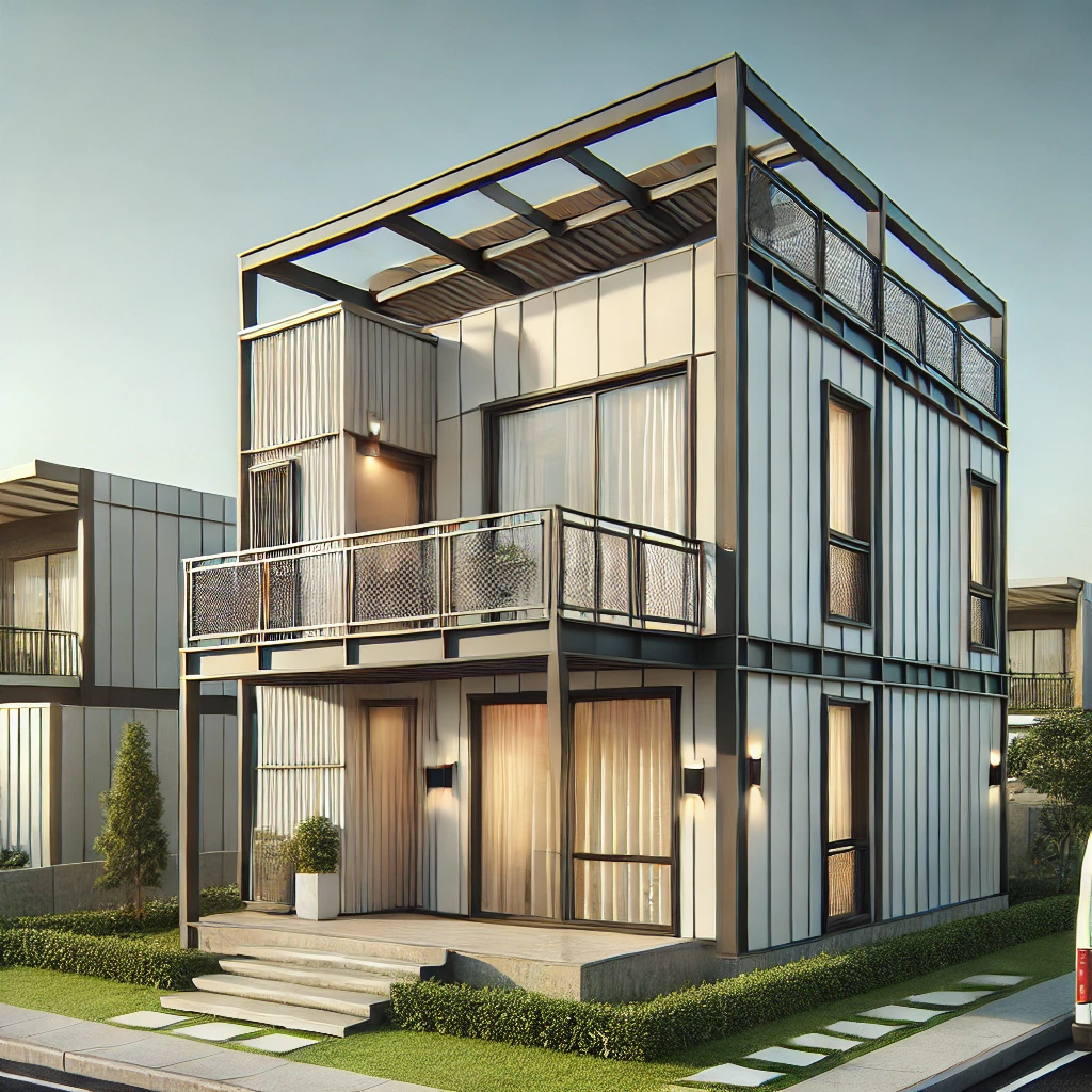 Làm nhà tiền chế: Giải pháp xây dựng bền vũng, hiệu quả và tiết kiệm DALL·E 2024 12 02 11.25.02 A modern prefabricated house built with a steel frame and metal siding set in a residential area. The house features a rooftop deck sliding glass do