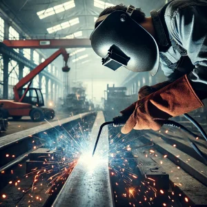 DALL·E 2024 12 05 15.00.09 Close up view of welding steel beams sparks flying as a worker in protective gear operates a welding torch. Background includes blurred construction