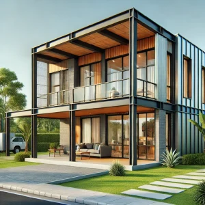 DALL·E 2024 12 06 11.07.13 A stylish pre engineered steel frame house with contemporary design featuring a mix of metal and wood finishes. The house includes large windows an