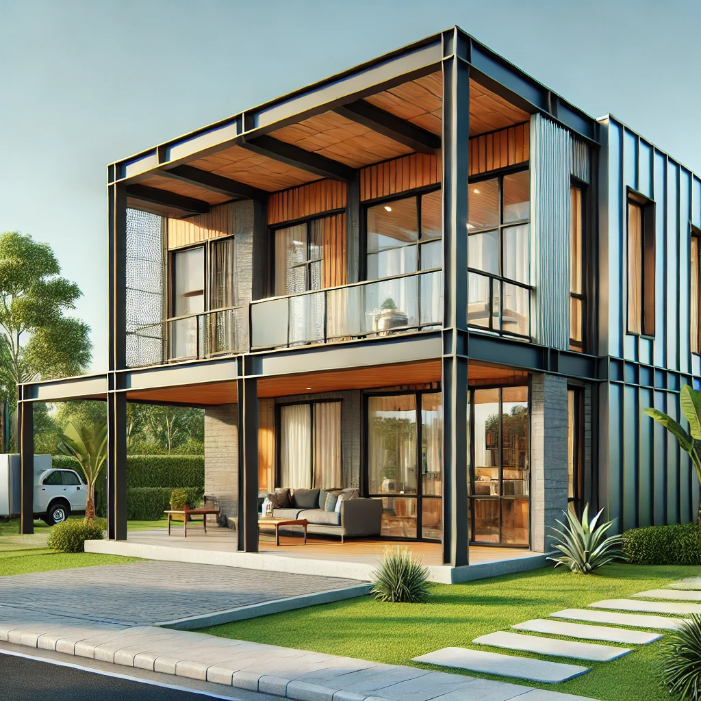 Làm nhà tiền chế: lựa chọn thông minh cho công trình hiện đại DALL·E 2024 12 06 11.07.13 A stylish pre engineered steel frame house with contemporary design featuring a mix of metal and wood finishes. The house includes large windows an