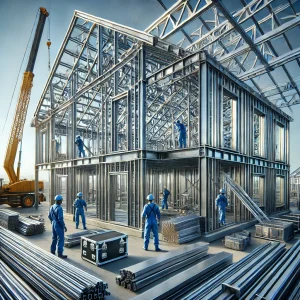 DALL·E 2024 12 07 08.10.35 A modern steel structure house under construction showing steel beams and framework being assembled. Workers in safety gear surrounded by constructi