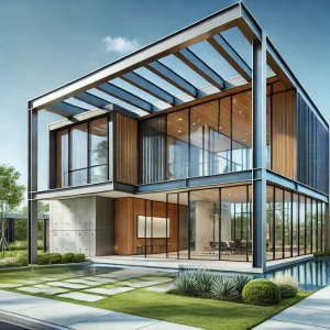DALL·E 2024 12 09 14.28.00 A modern single story steel frame house with large glass windows sleek horizontal lines and a minimalist design. The structure showcases exposed ste