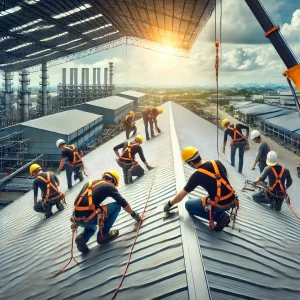 DALL·E 2024 12 10 08.19.01 A construction team repairing the roof of an industrial warehouse. The scene includes workers wearing safety harnesses using tools to fix metal roof