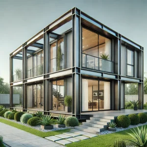 DALL·E 2024 12 11 08.36.55 A real life prefabricated house with a sleek modern design. The house is made with steel frames and features large glass windows. It is surrounded by