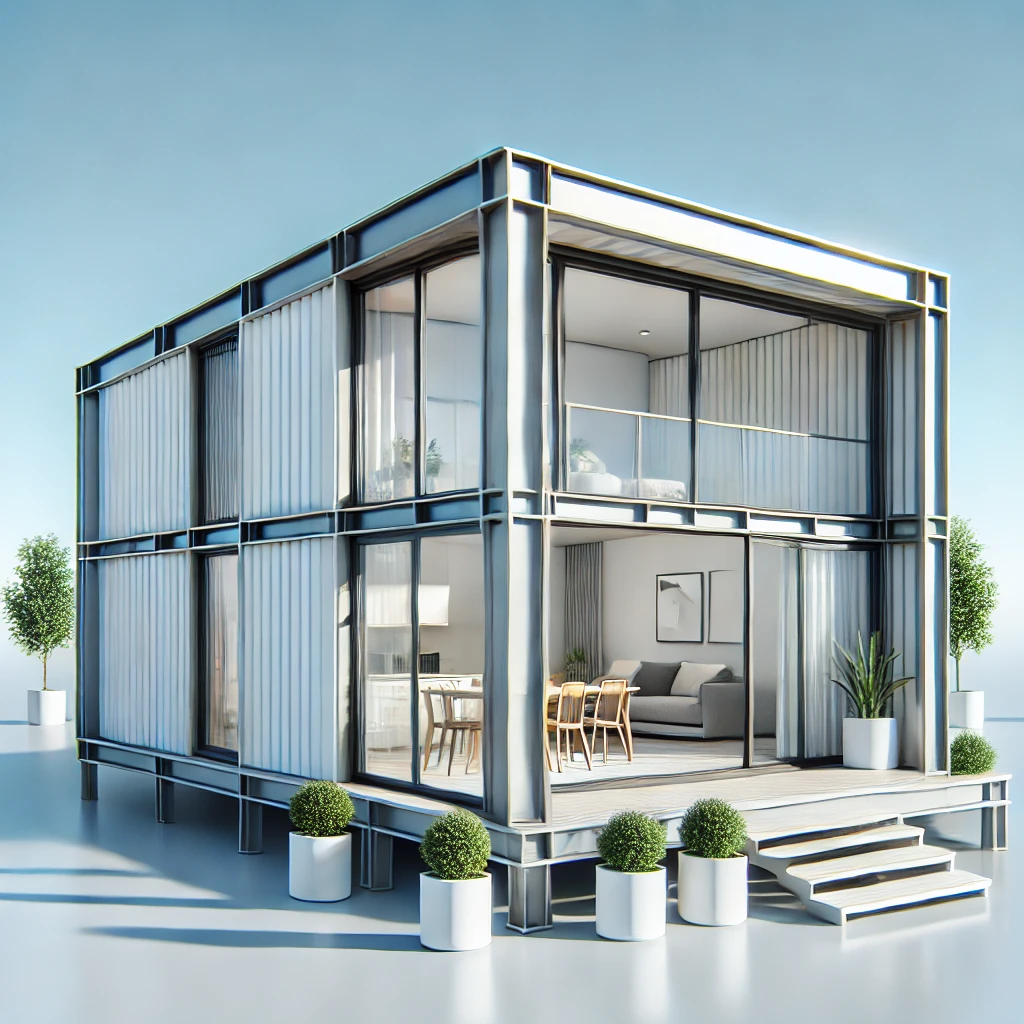 Làm nhà tiền chế: sự lựa chọn đột phá trong xây dựng hiện đại DALL·E 2024 12 11 08.37.02 A real world modern prefabricated house with a compact design featuring steel frames and a minimalist style. The house has large sliding glass doors