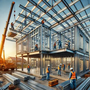 DALL·E 2024 12 13 08.54.51 A modern steel frame house under construction showing steel beams and columns being assembled. Workers in protective gear surrounded by construction