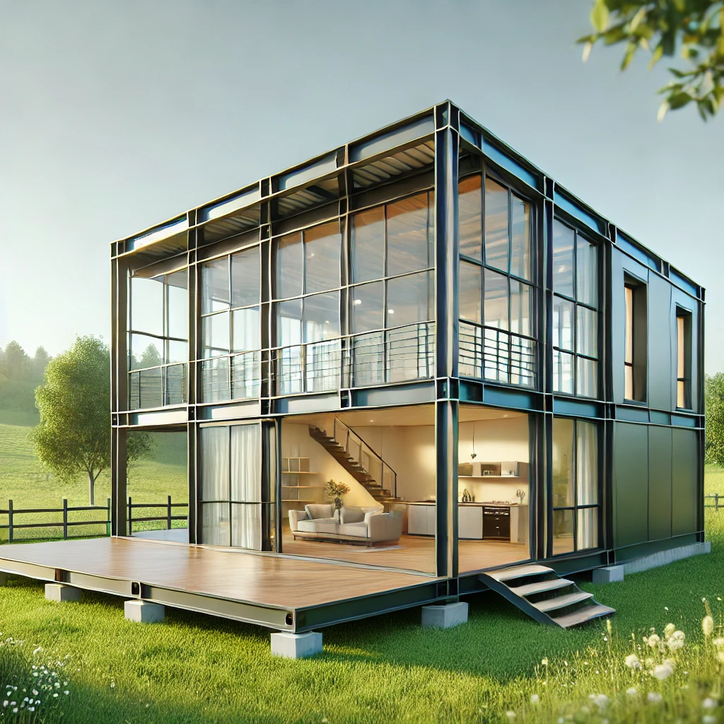 Làm nhà tiền chế: Lựa chọn xây dựng hiệu quả cho tương lai DALL·E 2024 12 14 08.23.13 A real world prefabricated house with a contemporary design featuring a steel frame large glass windows and a spacious deck. The house is set in a