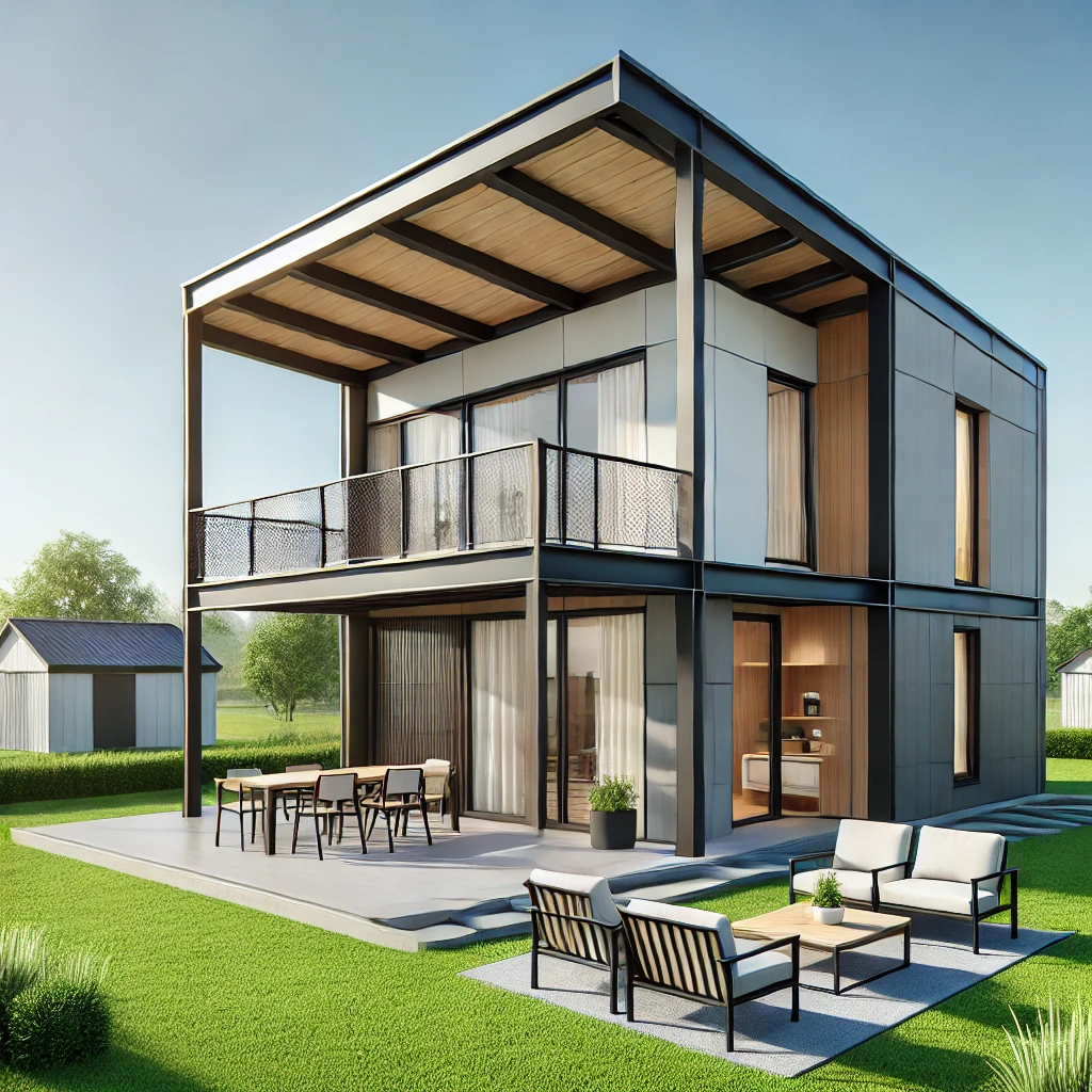 Làm nhà tiền chế: Lựa chọn xây dựng hiệu quả cho tương lai DALL·E 2024 12 14 08.23.16 A real world prefabricated house with a minimalist design featuring a flat roof steel structure and large windows. The house is surrounded by a sma