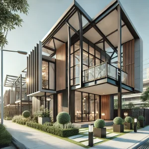 DALL·E 2024 12 14 08.23.30 A real world modern prefabricated house with a sleek angular roof steel framing and a mix of glass and wooden panels. The house is surrounded by a g