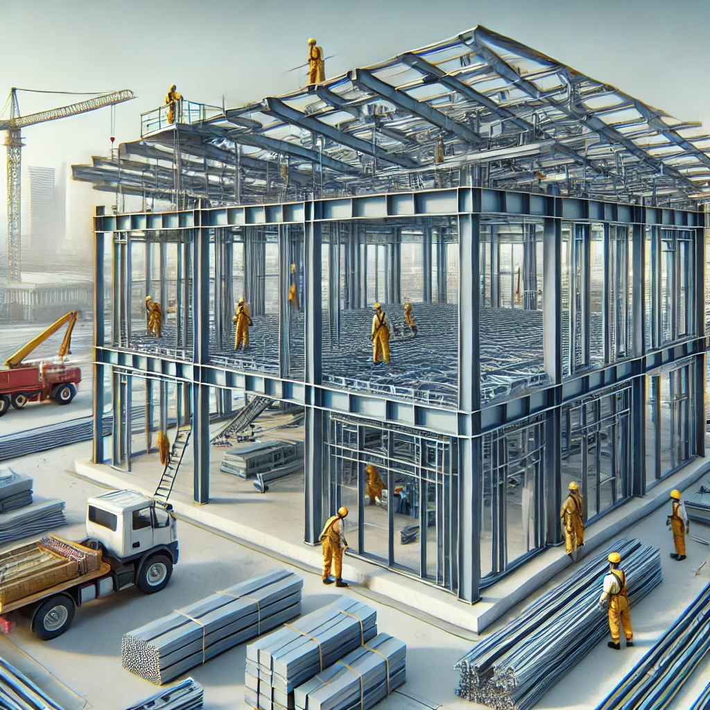 Làm nhà kết cấu thép, giải pháp xây dựng toàn diện và hiệu quả DALL·E 2024 12 17 08.33.36 A realistic image of a modern steel structure house under construction with steel beams and columns partially assembled. Workers in safety gear are a