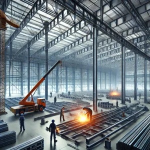 DALL·E 2024 12 17 08.33.39 A realistic image of a large steel frame warehouse under construction showing steel beams and columns being assembled. Workers in protective gear are