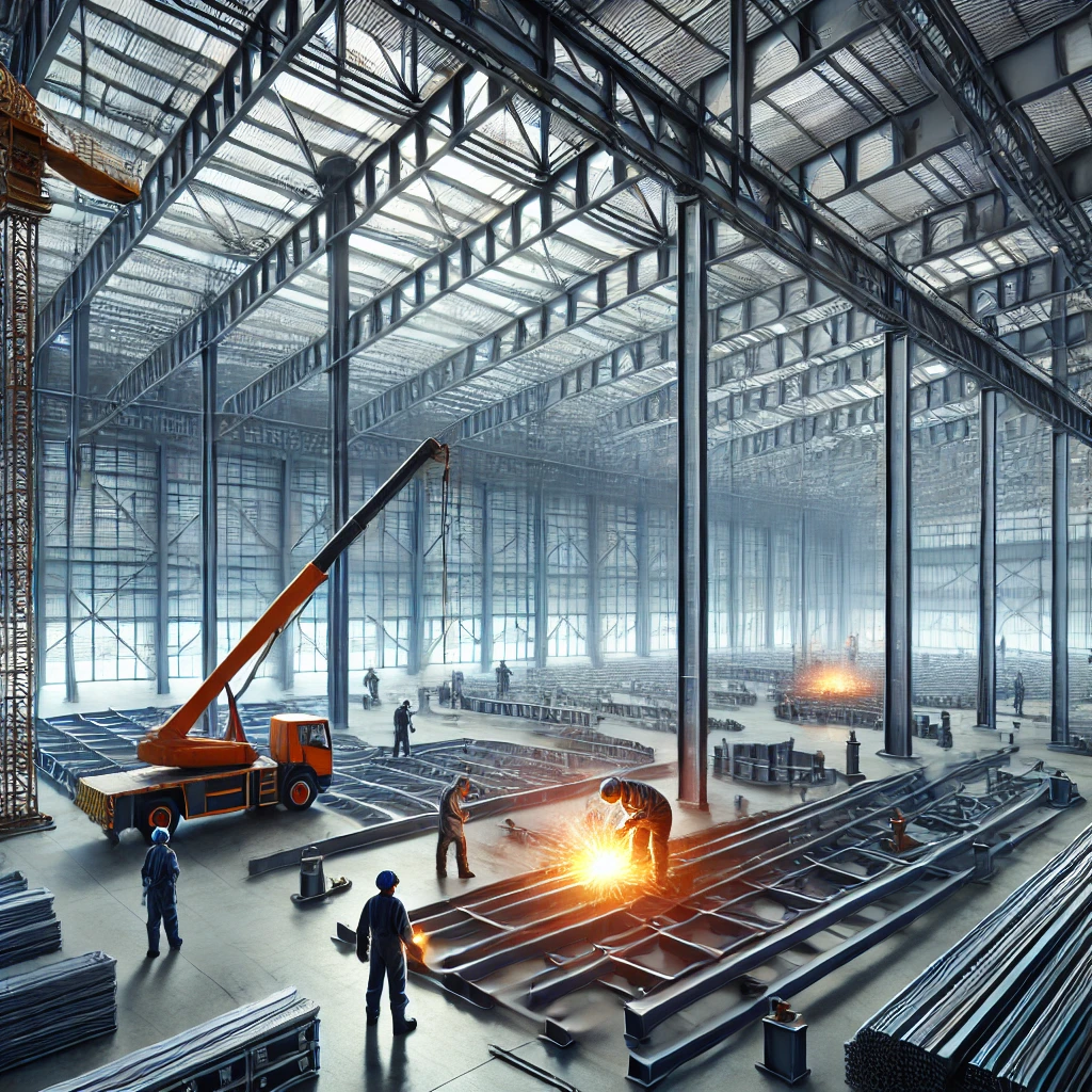 Làm nhà kết cấu thép, giải pháp xây dựng toàn diện và hiệu quả DALL·E 2024 12 17 08.33.39 A realistic image of a large steel frame warehouse under construction showing steel beams and columns being assembled. Workers in protective gear are