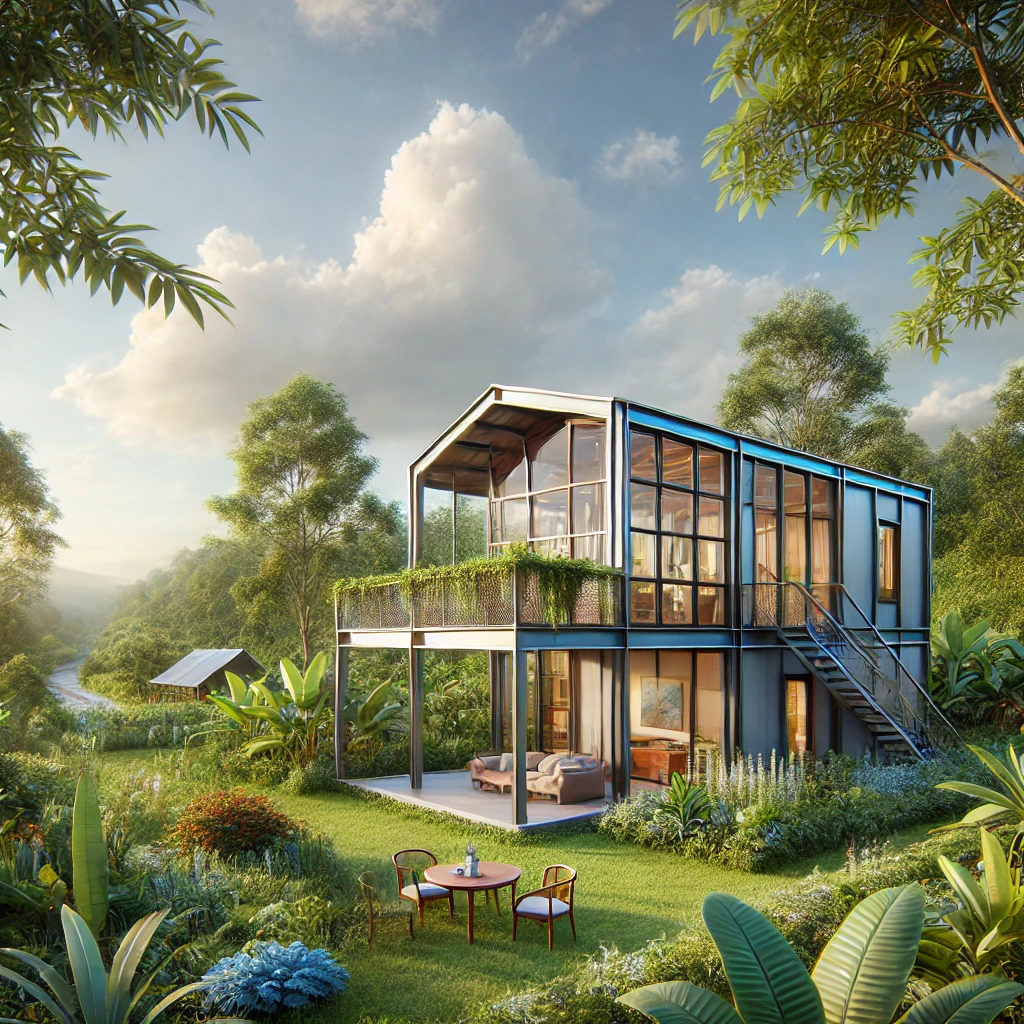 Làm nhà tiền chế tại bình phước: Giải pháp xây dựng hiện đại DALL·E 2024 12 18 08.06.51 A real world prefabricated house located in a rural area of Binh Phuoc Vietnam. The house features a steel frame structure large windows and a gree
