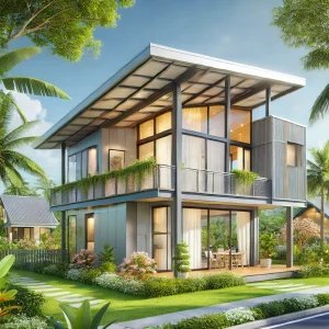 DALL·E 2024 12 18 08.07.02 A modern prefabricated house in Binh Phuoc Vietnam featuring a steel structure sloped roof and a spacious terrace. The house is surrounded by lush