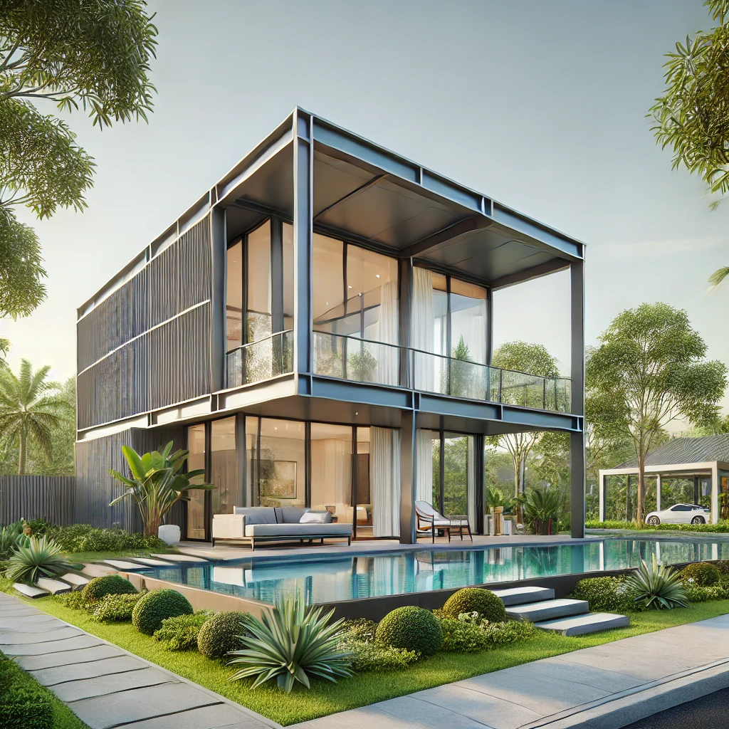 Làm nhà tiền chế tại bình phước: Giải pháp xây dựng hiện đại 1 DALL·E 2024 12 18 08.07.05 A contemporary prefabricated house in Binh Phuoc Vietnam with a steel frame flat roof and wide glass doors. The house is surrounded by a neatly la