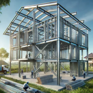 DALL·E 2024 12 19 09.36.59 A realistic image of a modern steel structure residential house under construction in a rural area of Vietnam showing steel beams and columns being a