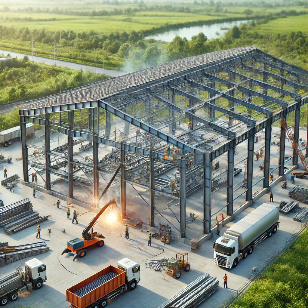 Nhà kết cấu thép tại bình phước: Giải pháp xây dựng hiện đại và hiệu quả DALL·E 2024 12 19 09.37.01 A realistic image of a large steel frame warehouse under construction in a rural industrial area with workers welding steel beams and columns. The si