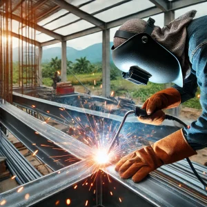 DALL·E 2024 12 19 09.37.03 A realistic close up view of steel beams being welded together at a construction site in Vietnam. Sparks are flying as a worker wearing full protectiv