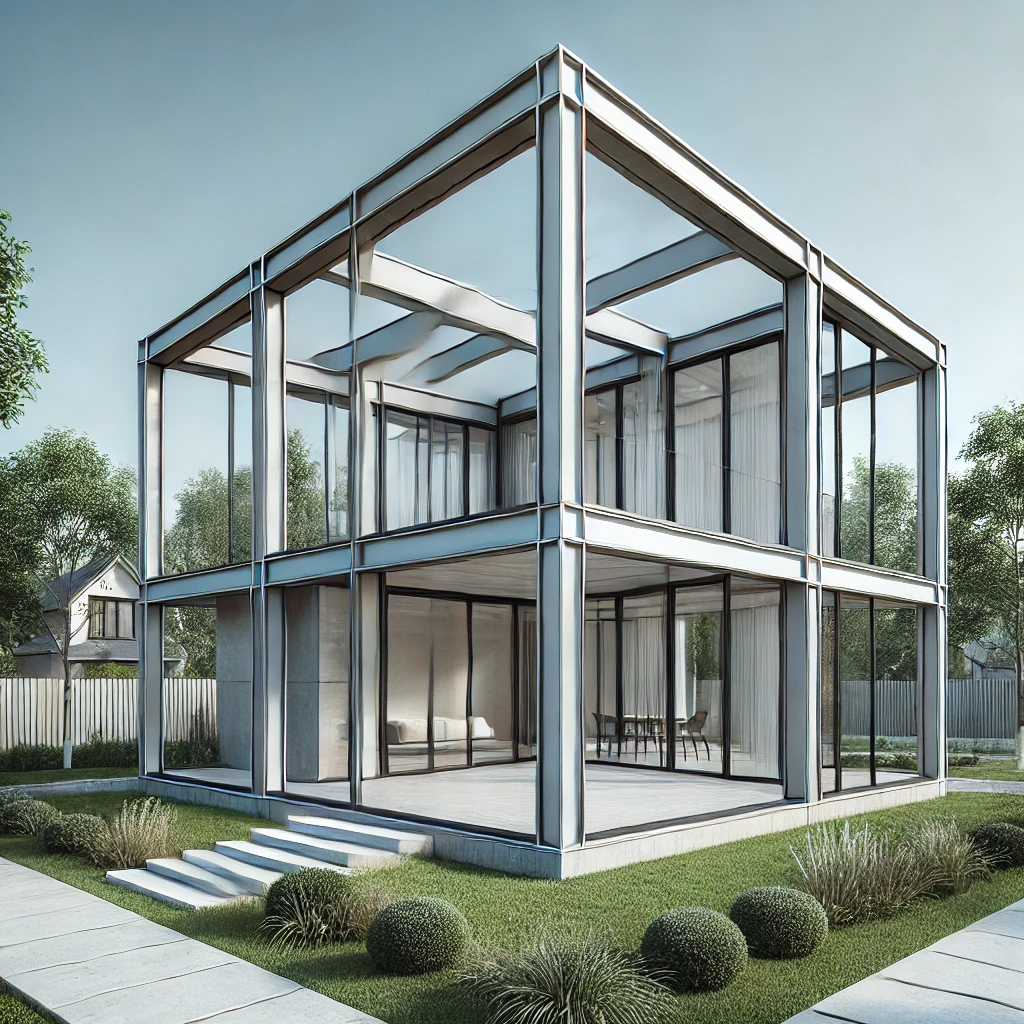 Làm nhà khung thép tại bình phước: Giải pháp hiện đại cho ngôi nhà của bạn DALL·E 2024 12 20 08.20.55 A square shaped steel frame house with a modern design featuring clean lines large glass windows and a minimalist aesthetic. The structure showcase