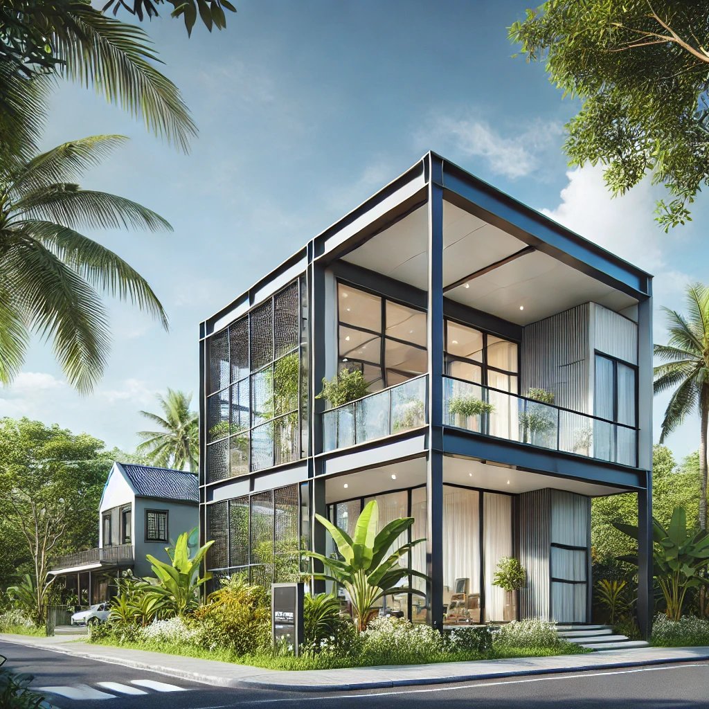 Công ty xây dựng nhà tiền chế tại bình dương: giải pháp tối ưu cho mọi công trình DALL·E 2024 12 20 08.53.14 A real world modern prefabricated steel frame house located in Binh Duong Vietnam. The house features a sleek minimalist design with large glass win