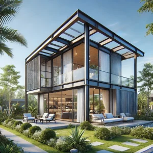 DALL·E 2024 12 20 08.53.16 A real world contemporary prefabricated house in Binh Duong Vietnam featuring a steel structure flat roof and wide glass windows. The house is sur