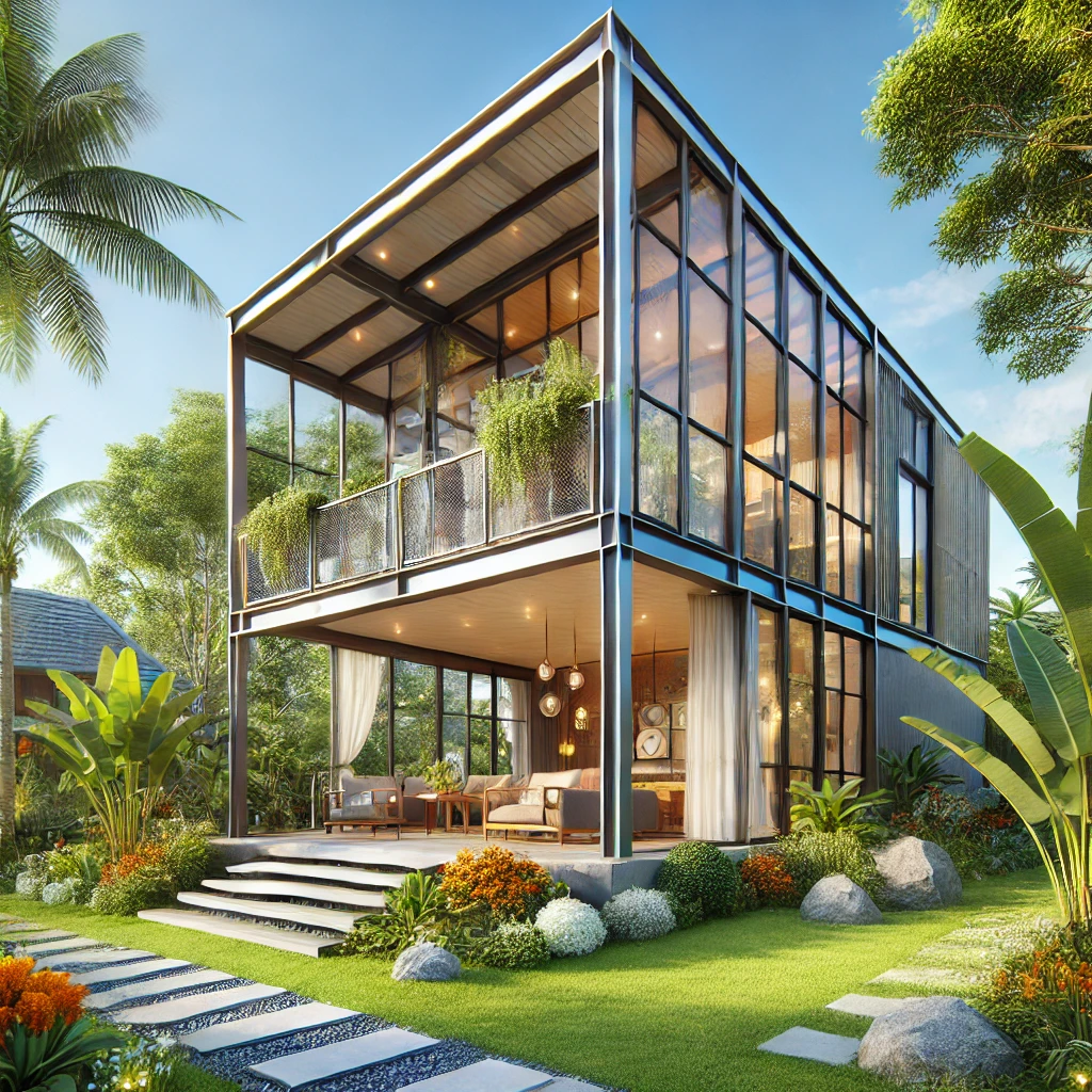 Công ty xây dựng nhà tiền chế tại bình dương: giải pháp tối ưu cho mọi công trình DALL·E 2024 12 20 08.53.18 A real world prefabricated house in Binh Duong Vietnam with a steel frame structure a sloped roof and large glass windows. The house is surrounded