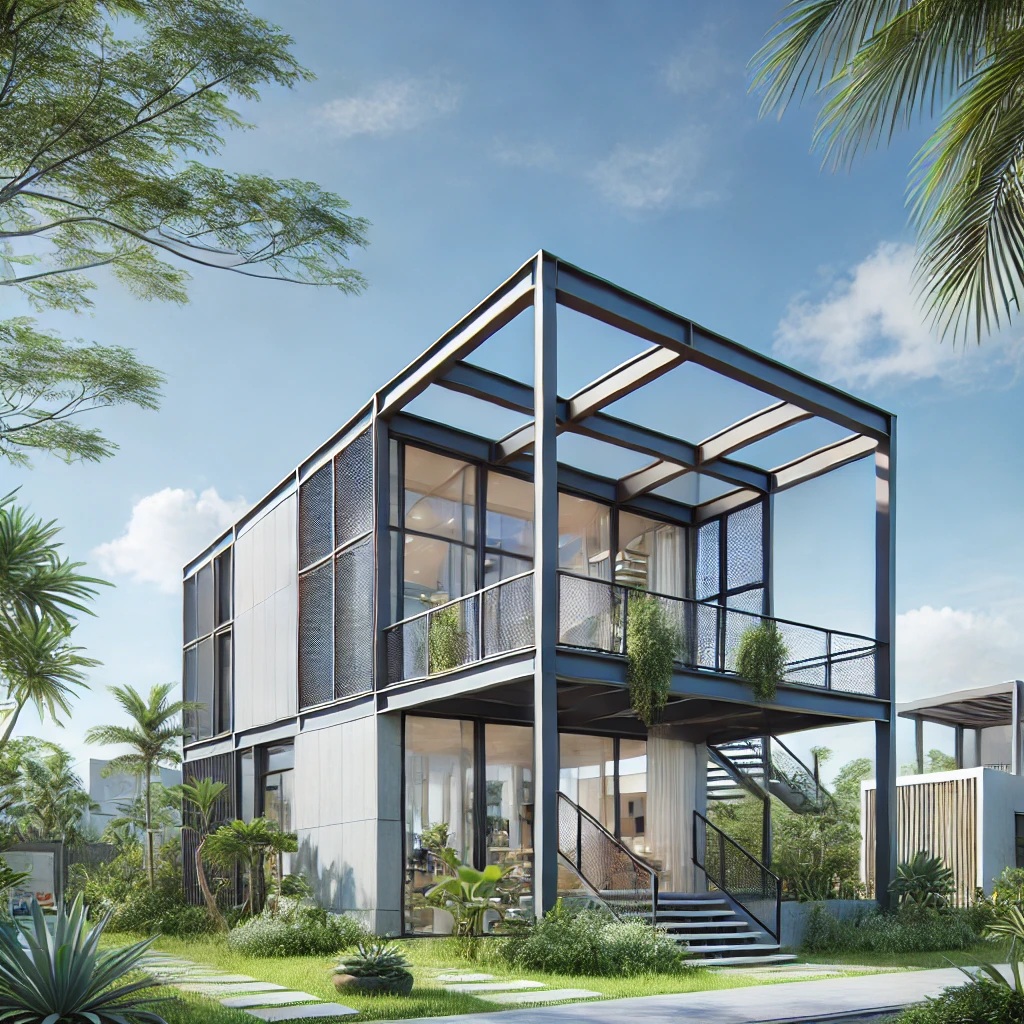 Làm nhà tiền chế tại bình dương: Giải pháp xây dựng hiện đại và hiệu quả DALL·E 2024 12 21 08.10.30 A modern prefabricated house located in Binh Duong Vietnam featuring a steel frame structure minimalist design and surrounded by tropical greenery
