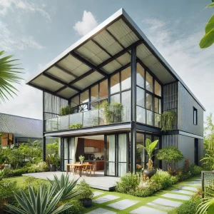 DALL·E 2024 12 21 08.10.34 A stylish prefabricated house in Binh Duong Vietnam featuring a contemporary steel frame design with a sloped roof and wide glass doors. The house i