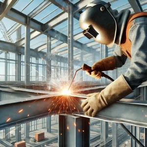 DALL·E 2024 12 23 08.44.13 A realistic close up view of steel beams being welded together at a construction site. Sparks are flying as a worker wearing protective gear uses a we