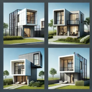 DALL·E 2024 12 24 09.02.56 Three distinct square images of modern steel frame houses. The first image shows a minimalist one story steel frame house with a clean white exterior
