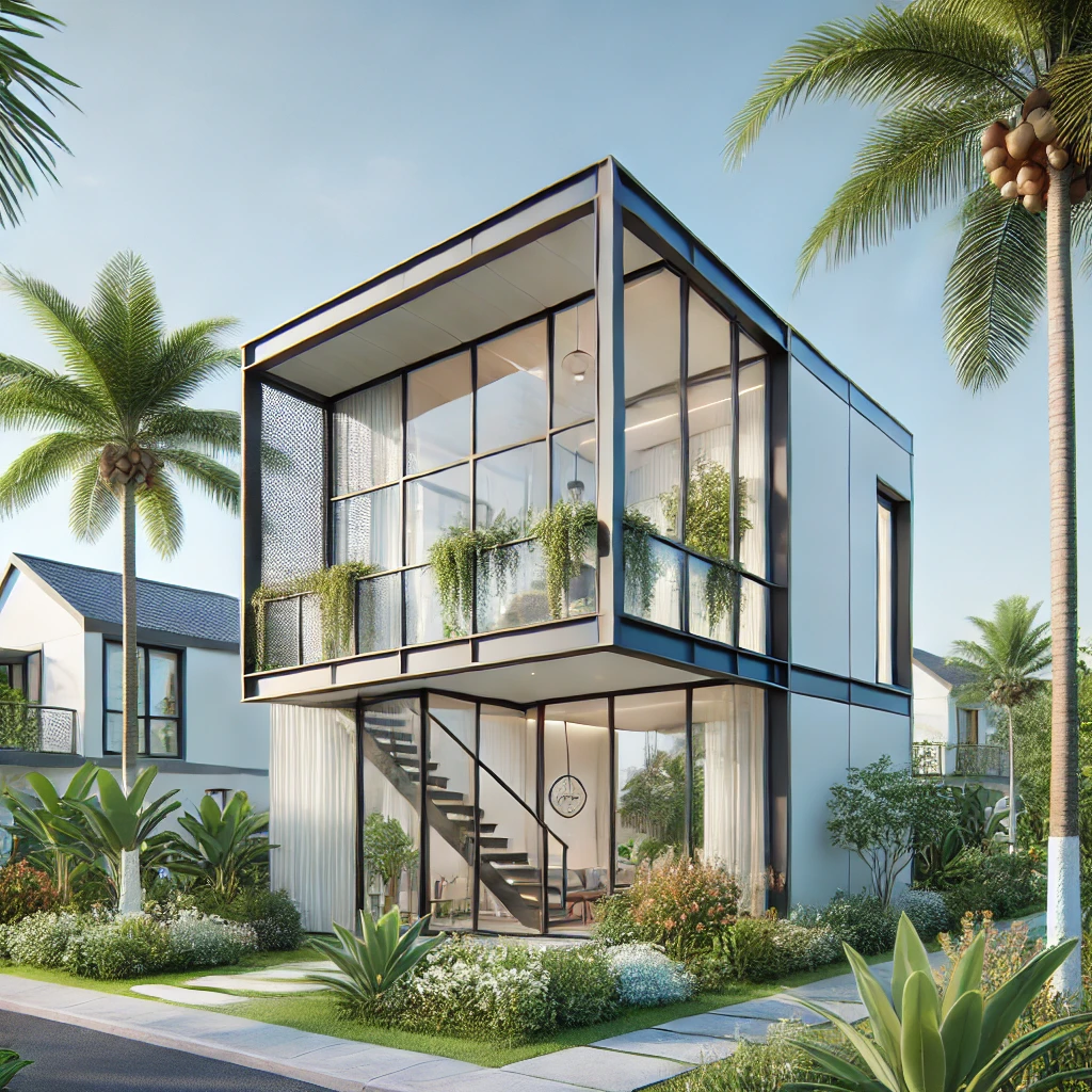 Làm nhà tiền chế tại Đồng Nai: Giải pháp xây dựng tối ưu cho mọi nhu cầu DALL·E 2024 12 26 08.50.03 A modern prefabricated steel frame house in Dong Nai Vietnam featuring a sleek contemporary design with large glass windows a flat roof and surrou