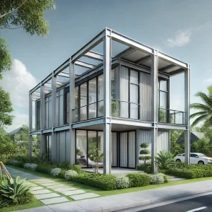 DALL·E 2024 12 26 08.50.07 A real world prefabricated house in Dong Nai Vietnam with a modern steel frame structure minimalist design and large windows. The house is set in